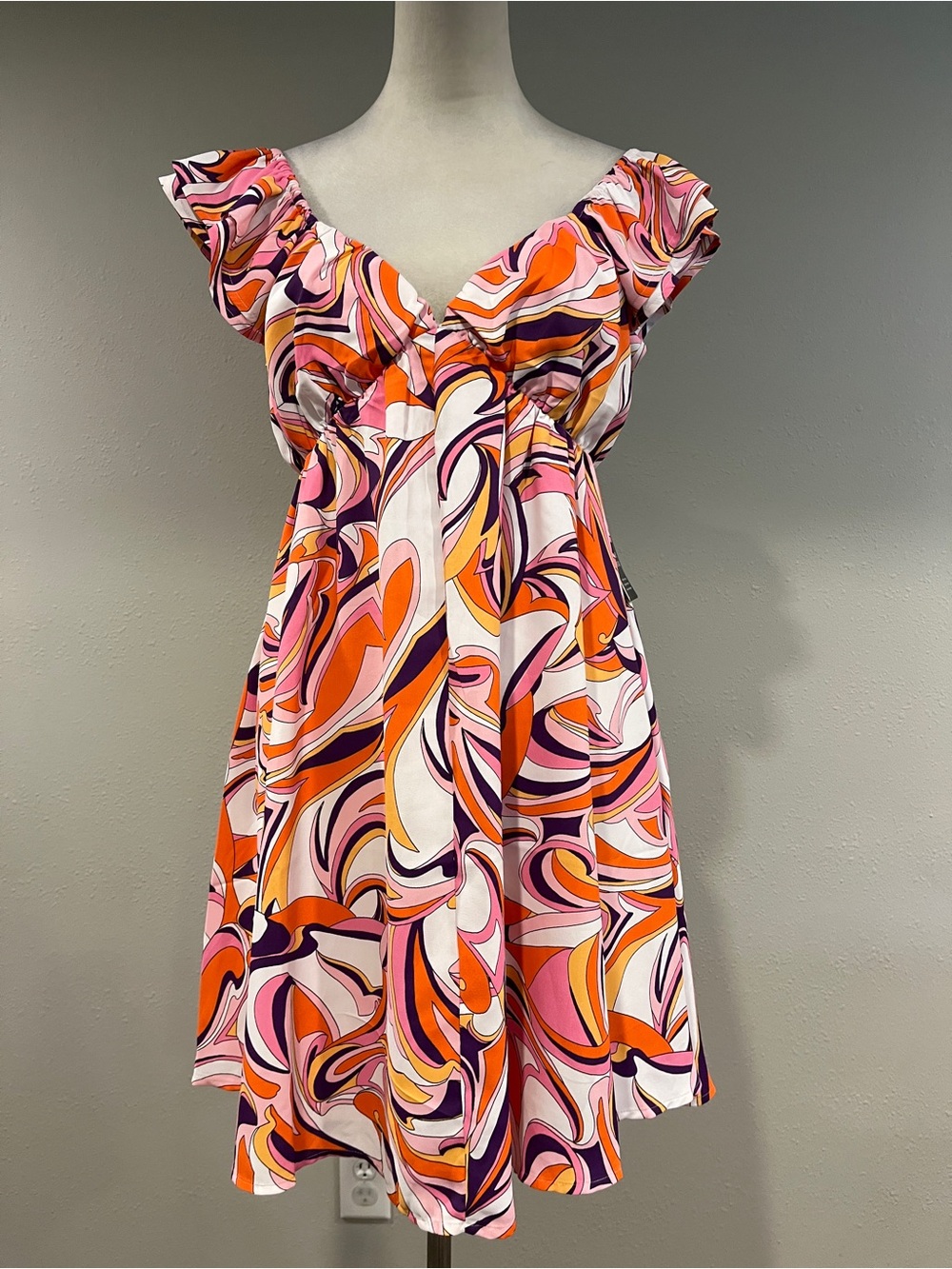 Express Pink & Orange Swirl Empire-Waist v-neck mini Dress size small NWT